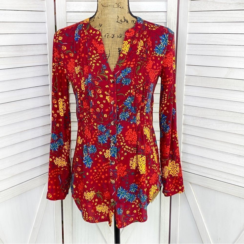 Maeve by‎ Anthropologie Boho Western Floral Pintuck Pleat Shirt Red XS Country
